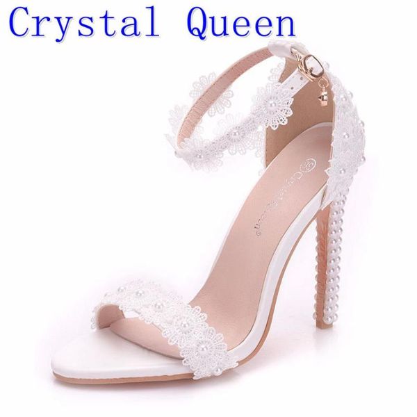

crystal women pearl lace wedding shoes thin high heels white flowers bridal sandals women summer up wedding shoes woman, Black