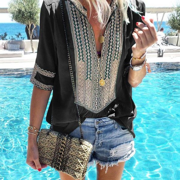 

women's t-shirt 2021 summer bohemian ethnic style loose v-neck fashion casual embroidery large size s-5xl ladies, White