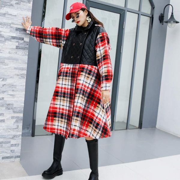 

women's wool & blends design sense niche fake two-piece coat mid-length loose and temperament over-the-knee stitching jacket, Black