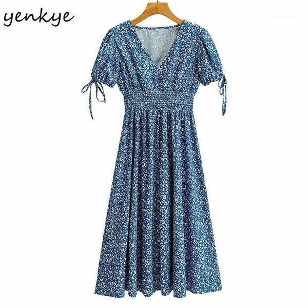 

party dresses yenkye vintage blue floral print dress women short sleeve v neck vestido mujer elastic waist a-line midi holiday summer dress1, White;black