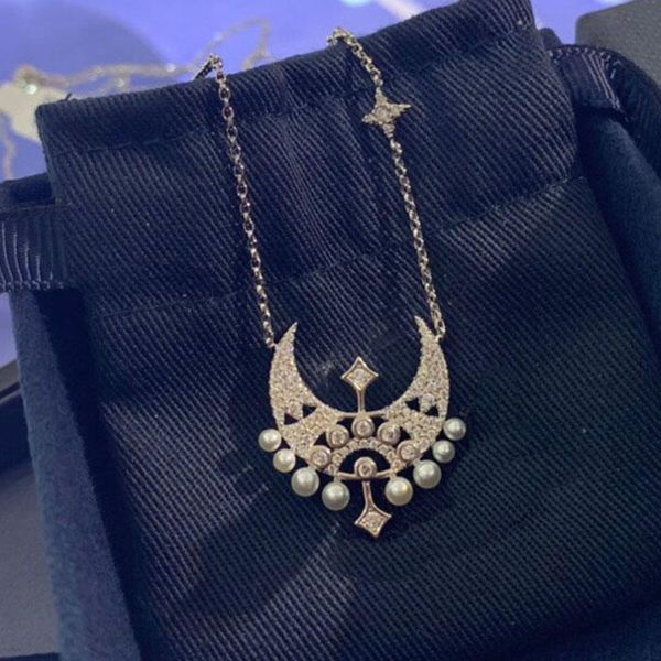 

fashion inlaid shiny zircon moon stars adjustable charm pearl necklace for women's holiday party jewelry chains, Silver