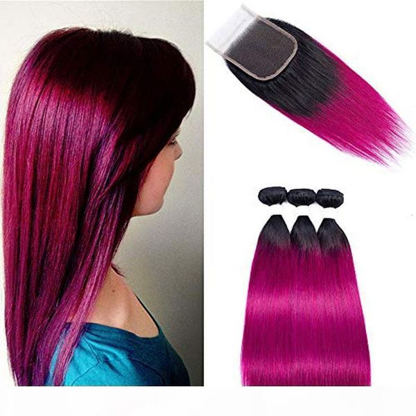 

1b ombre color 8-30inch straight brazilian hair bundles with 4*4 closure for women, Black;brown