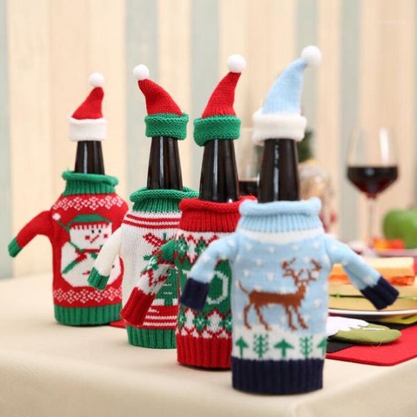 

2pcs lot christmas snowman wine bottle cover set santa claus bottle sweater with hats xmas home party ornament table decoration1