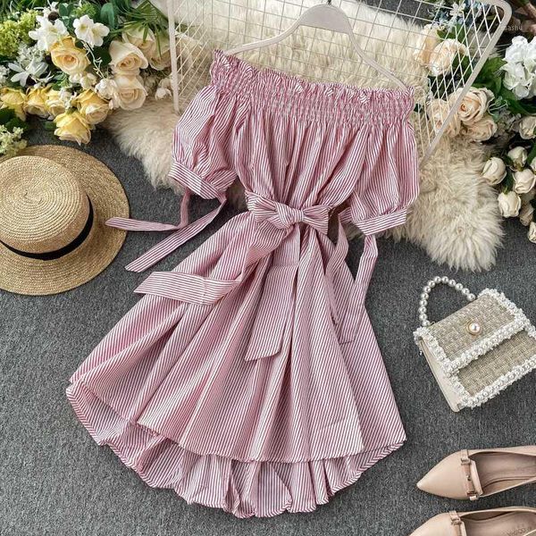 

striped print off shoulder summer dress short casual bandage women dresses beach tie party asymmetrical dress1, Black;gray