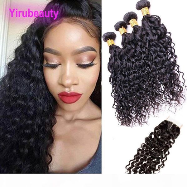 

malaysian virgin hair 4 bundles with lace closure 4x4 water wave natural color 95-100g piece wet and wavy human hair bundles with closure, Black;brown