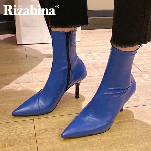 

rizabina women ankle boots shoes pointed toe zipper thin high heel party boots winter fashion female footwear size 33-43, Black