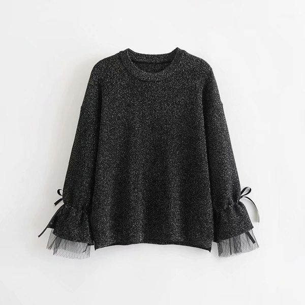 

2019 new fashion black black long sleeve women's winter knitted sweater with o-neck and lace design female knitted pullover1, White;black