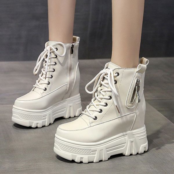 

2021 the new women leather the chunky ankle high-heeled white woman lace up to high from motorcycle ladies boots 87yc, Black