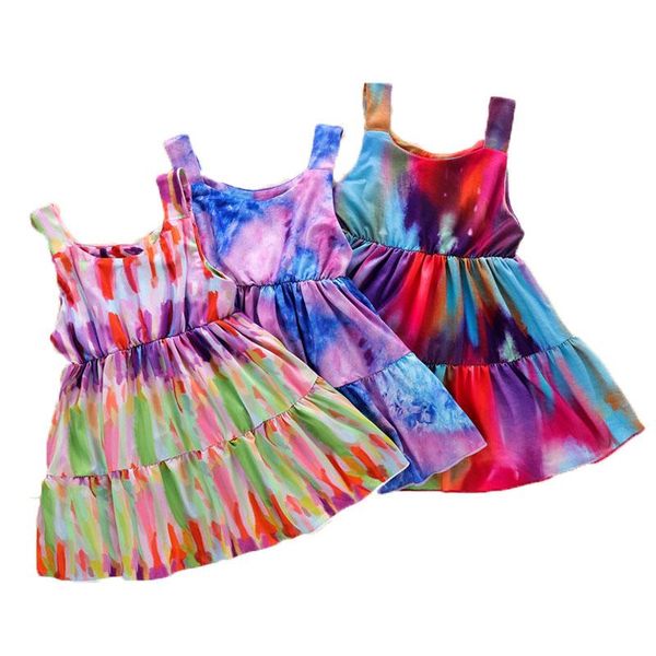 

summer kids baby girls dress watercolor striped print sweet sleeveless pleated dresses holiday girls boho swing a-line sundress, Red;yellow