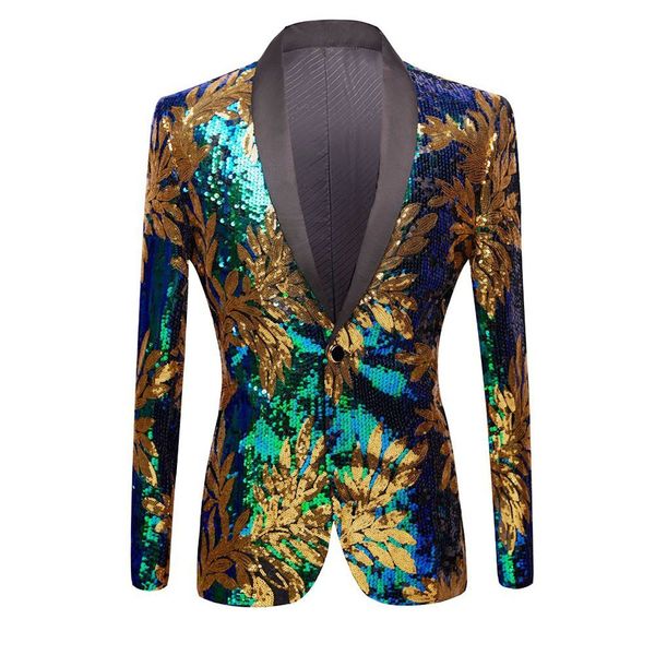 Homens Plus Size Glitter Gold Green Lantejoulas Folhas Padrão Blazers DJ Night Club Singer Slim Fit Terno Jacket Host Stage Fase Tuxedo Traje