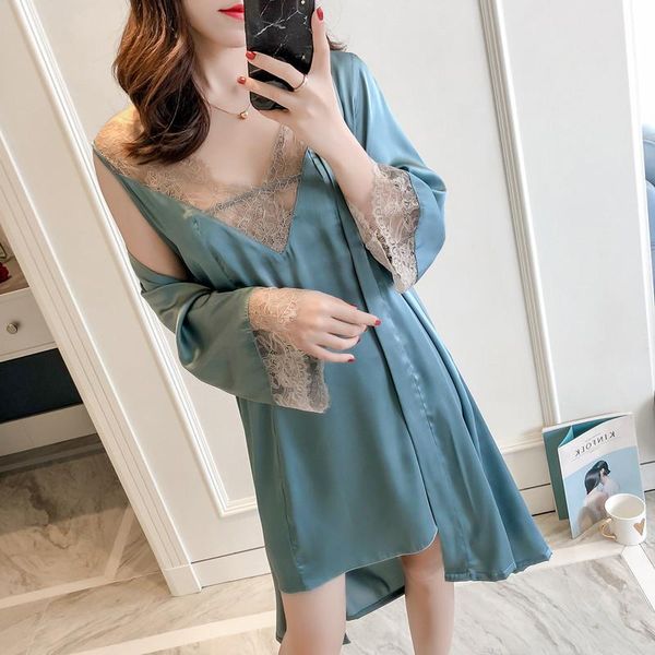 

women's sleepwear lady kimono robe gown suit summer autumn home dress with belt v-neck lace trim nightdress casual bathrobe satin, Black;red
