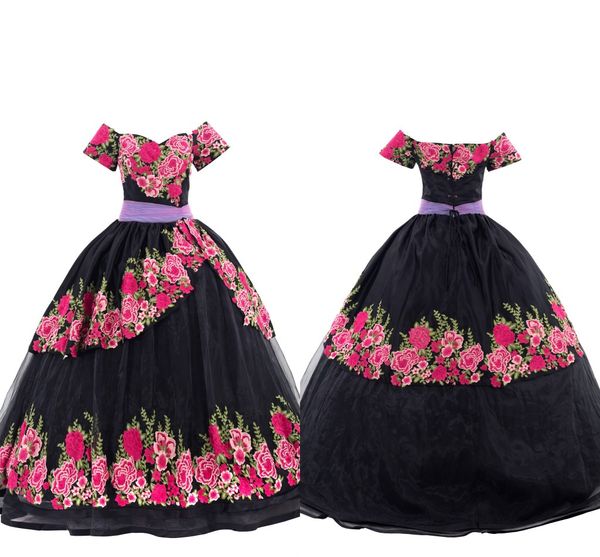 

mexican charro black quinceanera dresses floral applique off the shoulder corset back sweet 15 16 dresses party prom ball gowns theme, Blue;red