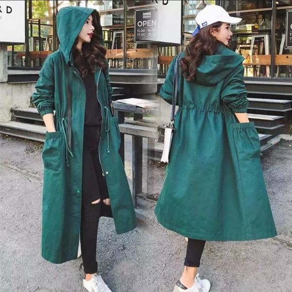 

women's trench coat 2020 spring and autumn windbreaker female long green coat loose wild drawstring ladies tooling trench coat 1028, Tan;black