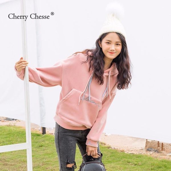 

cherry chesse letter women fleece hoodies pocket drawstring hooded sweatshirt female autumn warm pullovers1, Black