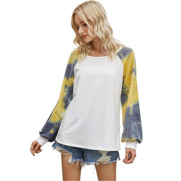 

tshirts women tie dye long sleeve t-shirt fashion occident trend round neck loose tee autumn designer female casual, White
