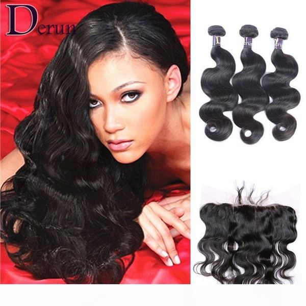 

13x4 frontal lace closures with 3 bundles brazilian peruvian indian malaysian hair bundles lace frontal closures 7a grade human hair, Black