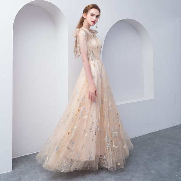 

Robe De Soiree New Sexy V-Neck Champagne Long illusion Banquet Evening dresses Formal Party High Waist Luxury Formal Prom Dress