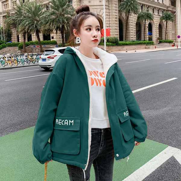 

2021 new mode streetwear pocket hood biker female jacket thickening cashmere loose parka korean style large coat 2adr, Black
