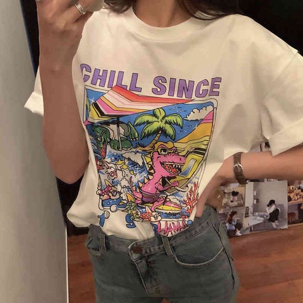 

Women's T-Shirt Lisa same t-shirt female summer fashion cartoon dinosaur print student short sleeve bottomed shirt loose N0H0, White