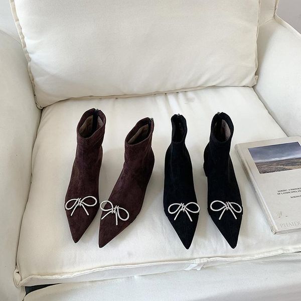 

2021 autumn winter women short boots pointed toe mid heeled block flat heels rhinestone craystal short plush warm shoes pumps, Black