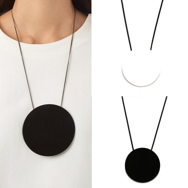 

minimalist black geometric necklace for women round statement pendant long chain necklace designed resin simple jewelry sale, Silver