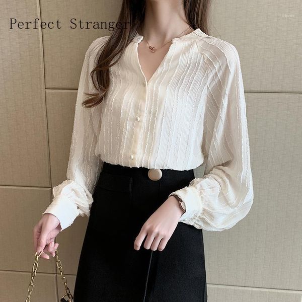 

2020 autumnnew arrival v collar long sleeve women chiffon blouse, White