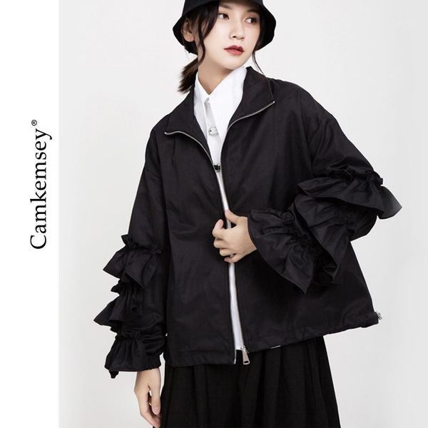 

women's jackets 2021 lapel long puff sleeve women coats spring autumn street tide loose fit black ruffles stitch big size jackets1, Black;brown