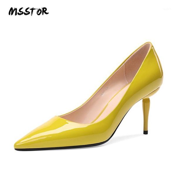

dress shoes msstor genuine leather high heels pointed toe shallow autumn spring concise yellow strange style ladies pumps1, Black