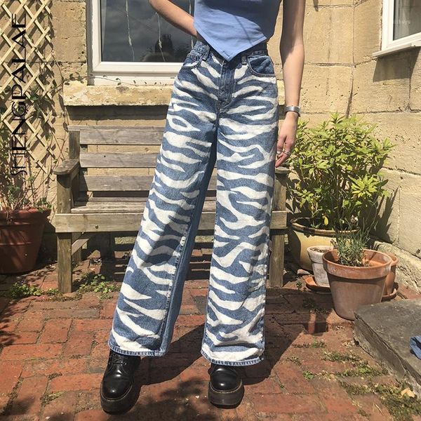 

shengpalae women's denim trousers 2020 autumn new striped print high street fashion straight casual jeans zt8461, Blue