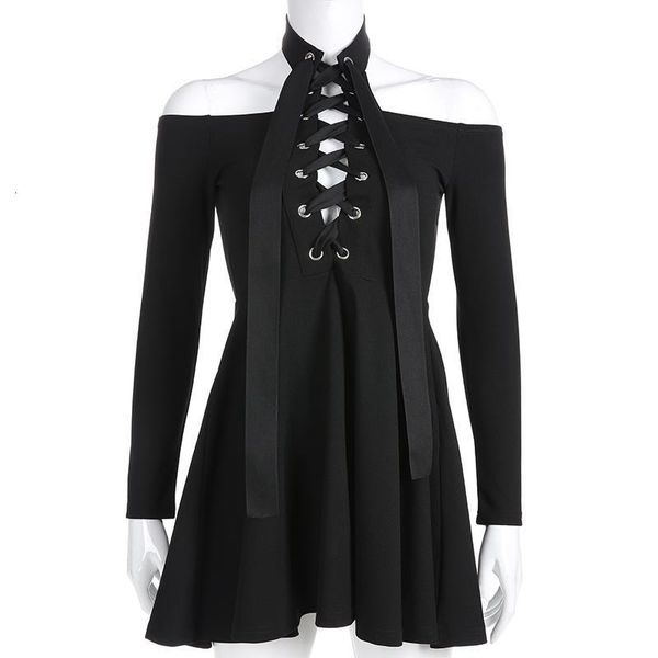 

mini dress women halter lace up hollow out club stylish a line black slim spring elegant casual off shoulder dresses, Black;gray