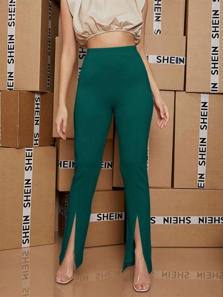 

slit hem solid pants 88so#, Black;white