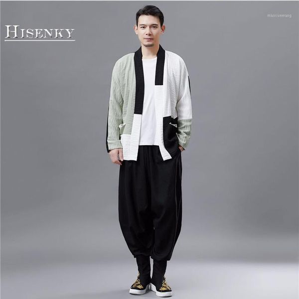 

hisenky men spring autumn shirt loose vintage casual kimono cardigan long sleeves linen patchwork chinese style trench coat1, Tan;black