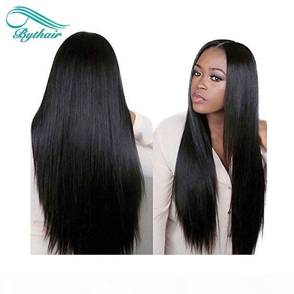 

bythair glueless full lace human hair wig for black women silk 130% 150% density silky straight brazilian lace front wig, Black;brown