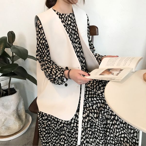 

new 2021 spring v-neck drouble button vintage lace-up design all match vest casual women thin coat ghgo, Black;white