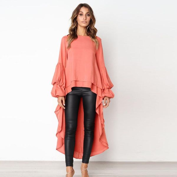 

women's summer long blouse blouse casual puff sleeve o-neck baggy asymmetric chiffon long plus size, White