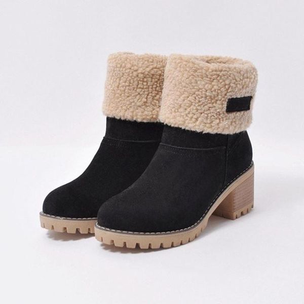 

boots winter warm fur wool heel snow women plus size 35-43 casual chunky heels thickened long rubber wearable shoes, Black