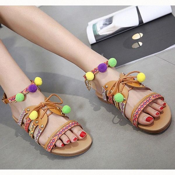 

women bohemian sandals woman 2020 chain women's summer lace up ladies buckle embroidered flats female beach shoes plus size #235n, Black