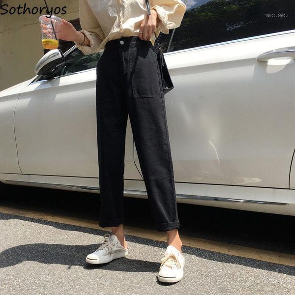 

women jeans harem straight loose ankle-length trousers high waist large pocket casual all-match trendy korean style chic elastic1, Blue