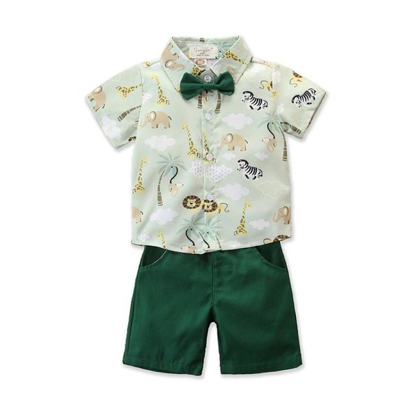 

summer gentleman's suit children's wear boy cute animal printed shirt and shorts short sleeve boutique clothing with bow, White