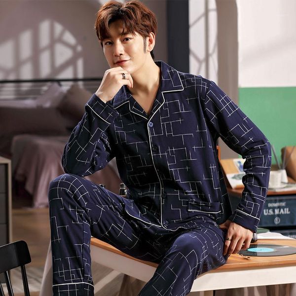 

men's sleepwear autumn and winter pure cotton lapel pajamas loose large size long-sleeved plaid suit high-end cotton1, Black;brown