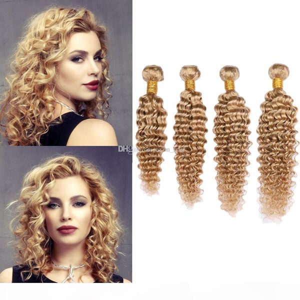 

honey blonde color virgin human hair weaves extensions 4pcs double wefted colored deep wave wavy human hair wefts, Black