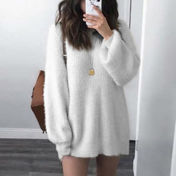 

basic sweater solid loose woman long sweater lantern long sleveve all-match round collar plus size pullovers lady autumn jumper, White;black