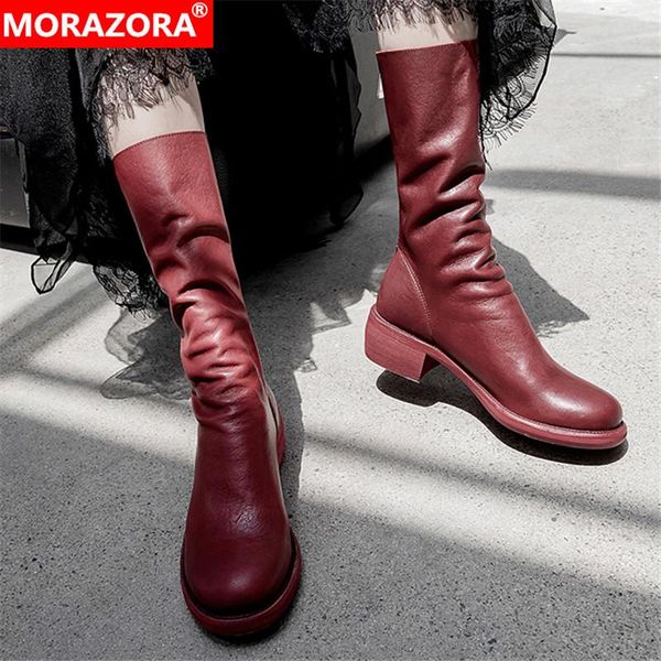 

boots morazora 2021 brand fashion women genuine leather square heels round toe winter mid calf ladies shoes, Black