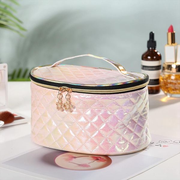 

new pu women cosmetic bag travel personality laser plaid storage bag large capacity wash make up case