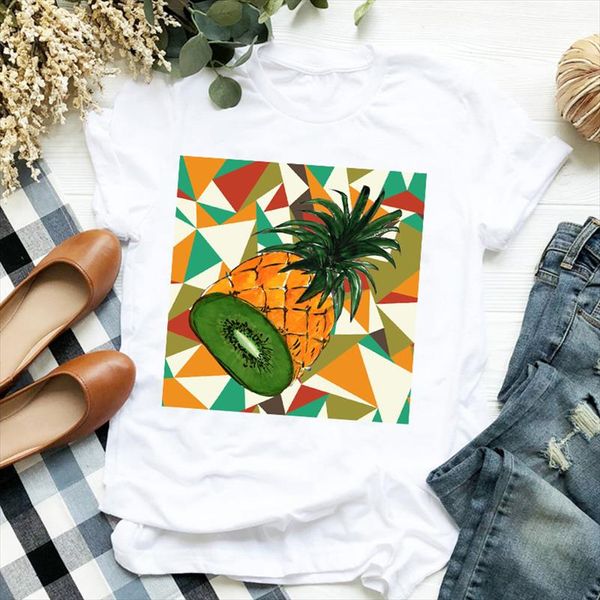 

women lady t shirt pineapple fruit printed tshirt ladies short sleeve loose tee shirt women female clothes graphic t shirt, White