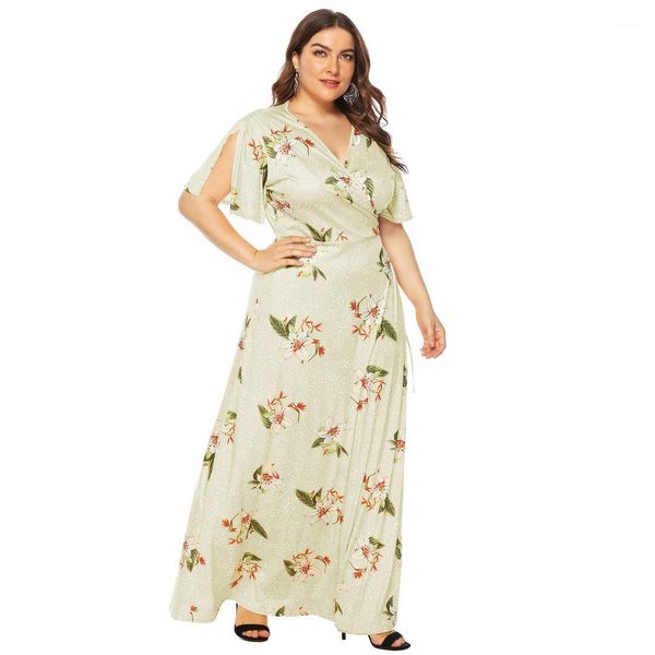 

sleeve bandage plus size dress ladies summer casual clothes women floral deep v dress short, Black;gray