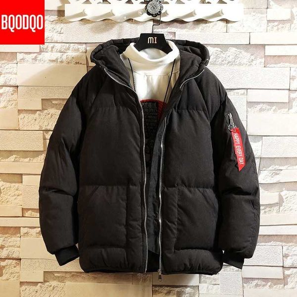 

winter hooded bomber jacket parka men khaki preppy silk-like cotton jackets black japanese hip hop streetwear thermal men's coat t20010