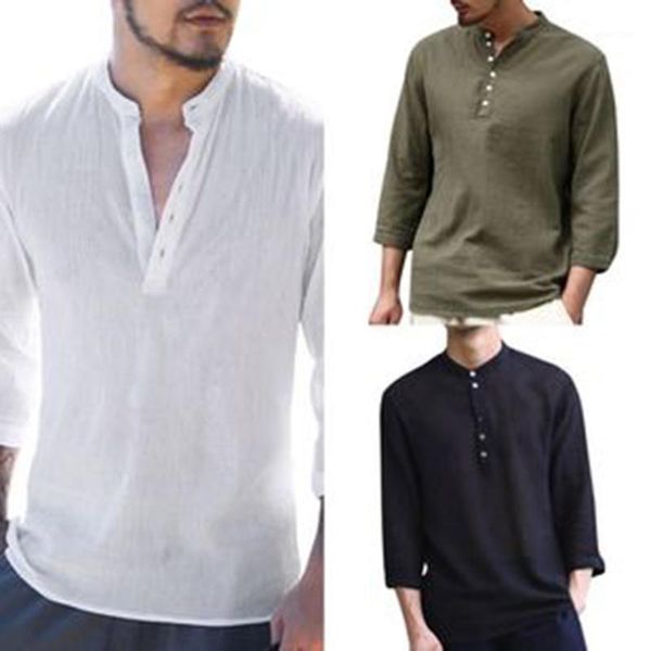 

summer cool shirt men stand collar solid color 3/4 sleeve shirt fashion hipster men clothes casual button v-neck1, White;black