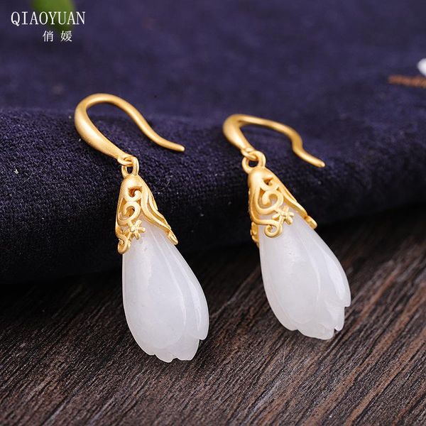 

stud jade earrings 925 silver gold small women's jewelry sterling vintage hetian stone gemstone orchid earings, Golden;silver
