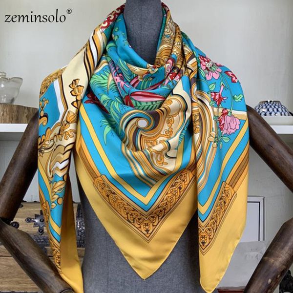 130 * Шелковый квадратный шарф женские шарфы напечатаны Ploleard Big Hijab Bandana Lady Scearchief Высокое качество шелковые шарфы шали LJ201112